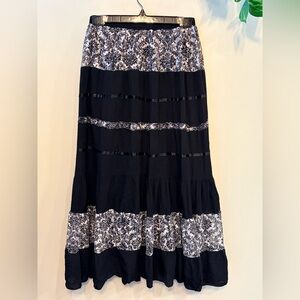 BOHEMIAN Black and White Tiered Maxi Skirt w/ Lace Detailing
